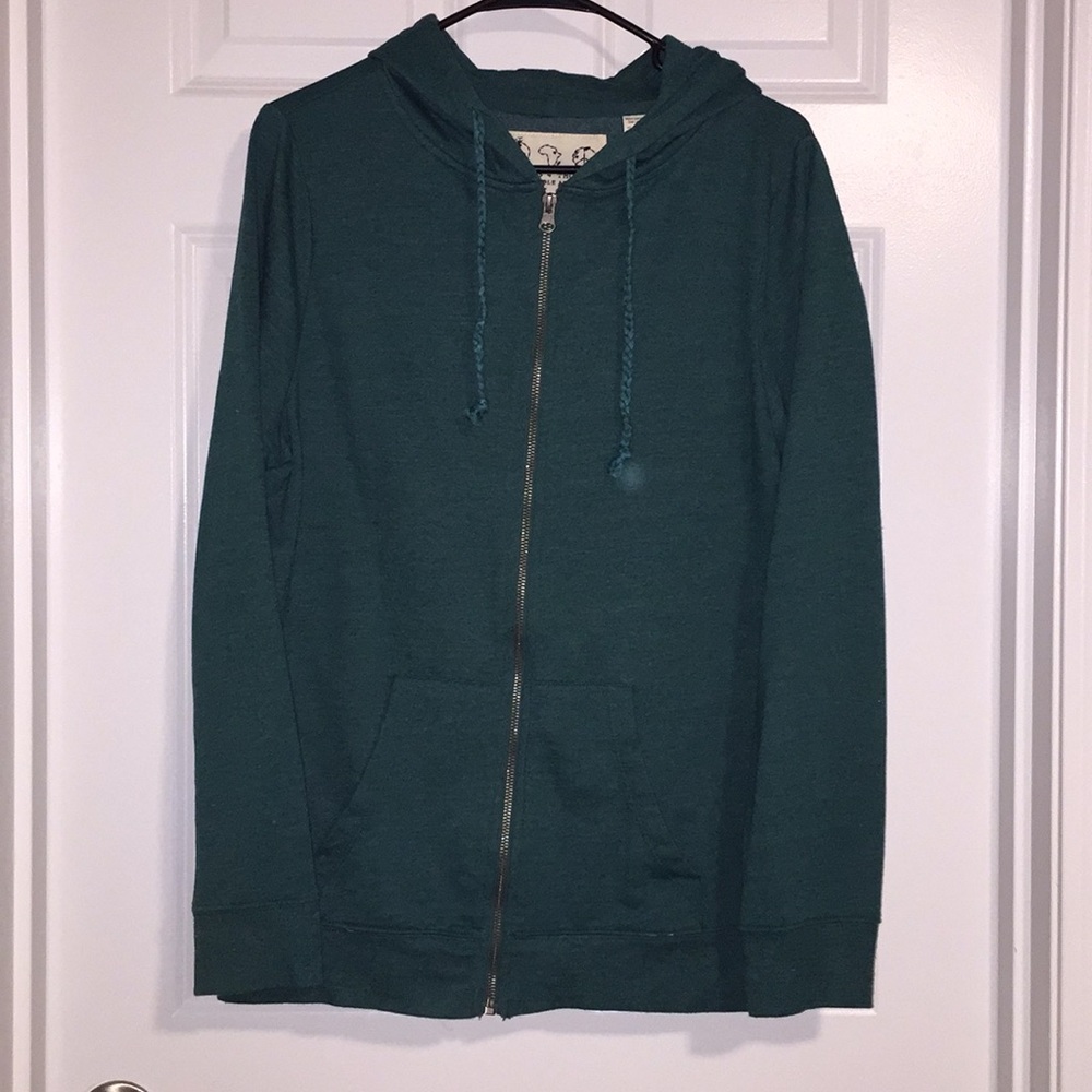 “Cypress”/teal colored drawstring zip up hoodie
